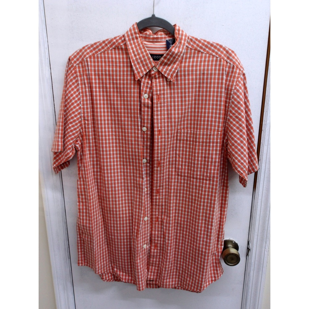 IZOD Short Sleeve Button Down‎ Shirt Orange White Striped Cotton Size M/#26367